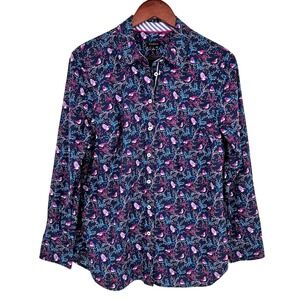Talbots Sz Medium Festive Cardinals Bird Blue Pink Blouse Shirt Top Button Artsy
